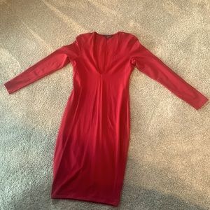Express Red V-Neck body Fitting knee length long sleeve dress